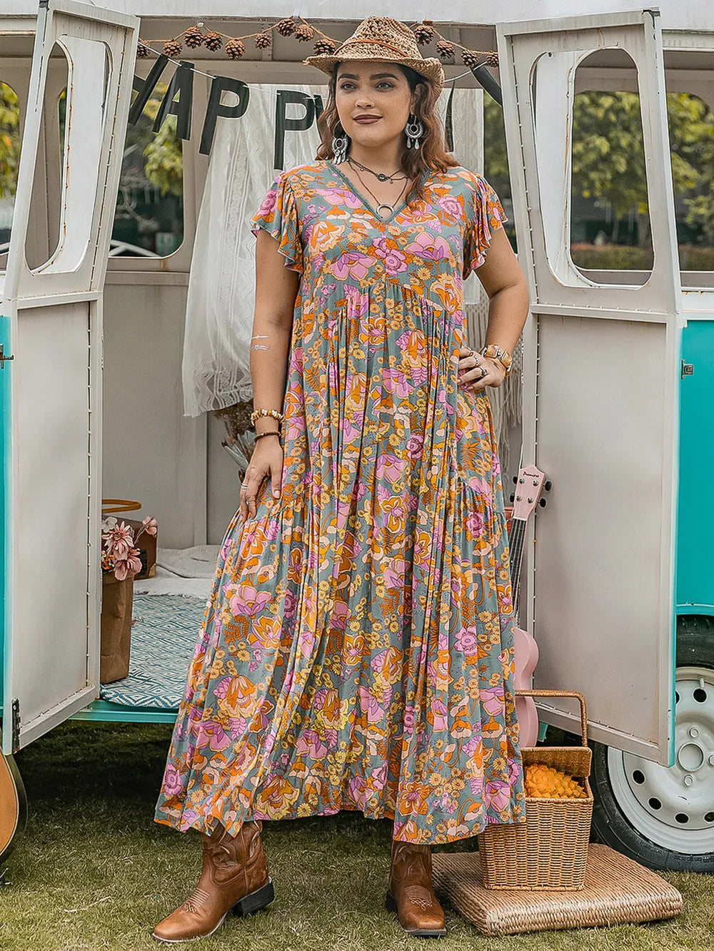 Ruffled Printed Cap Sleeve Dress