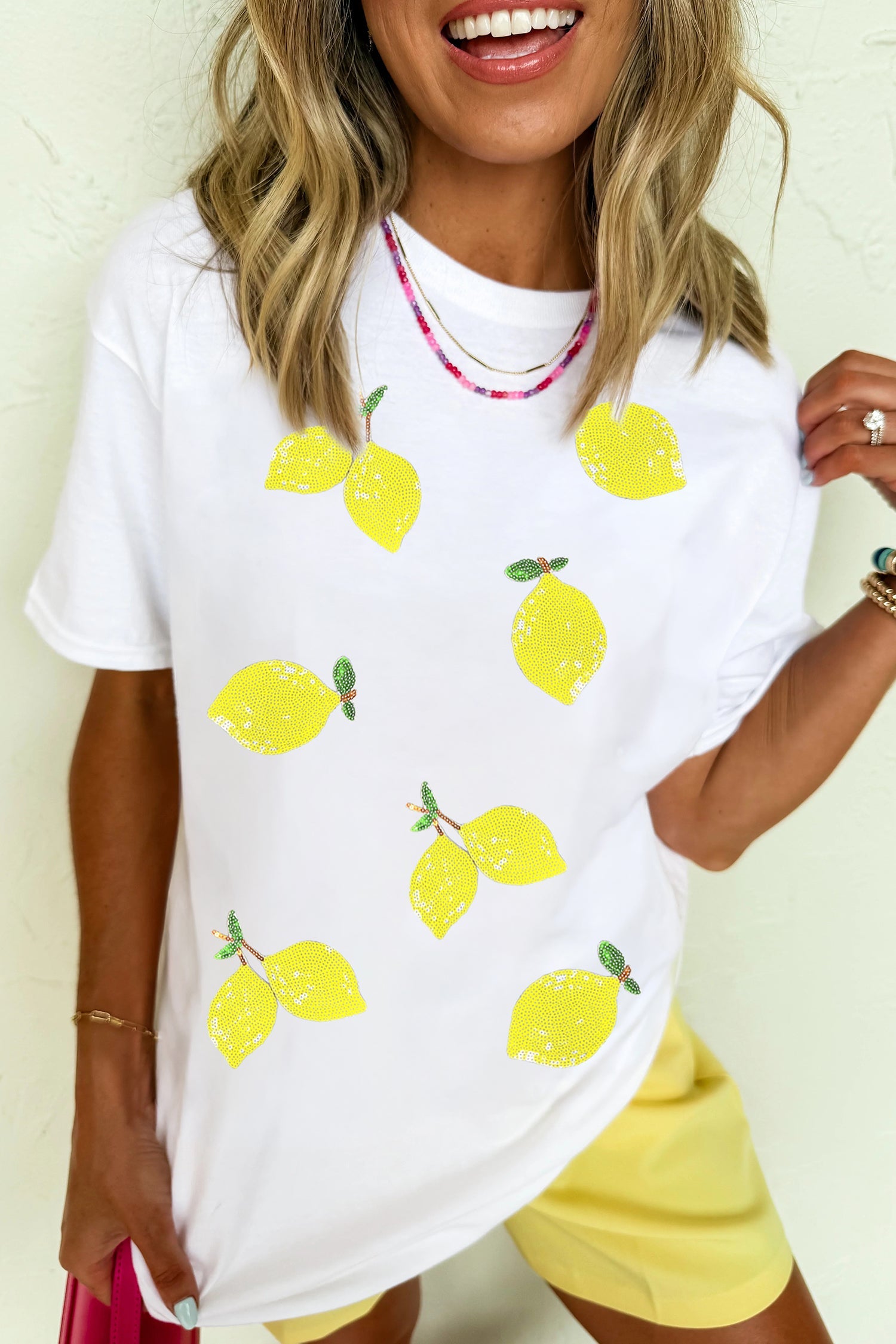 White Sequin Lemon Graphic Casual Summer Tee