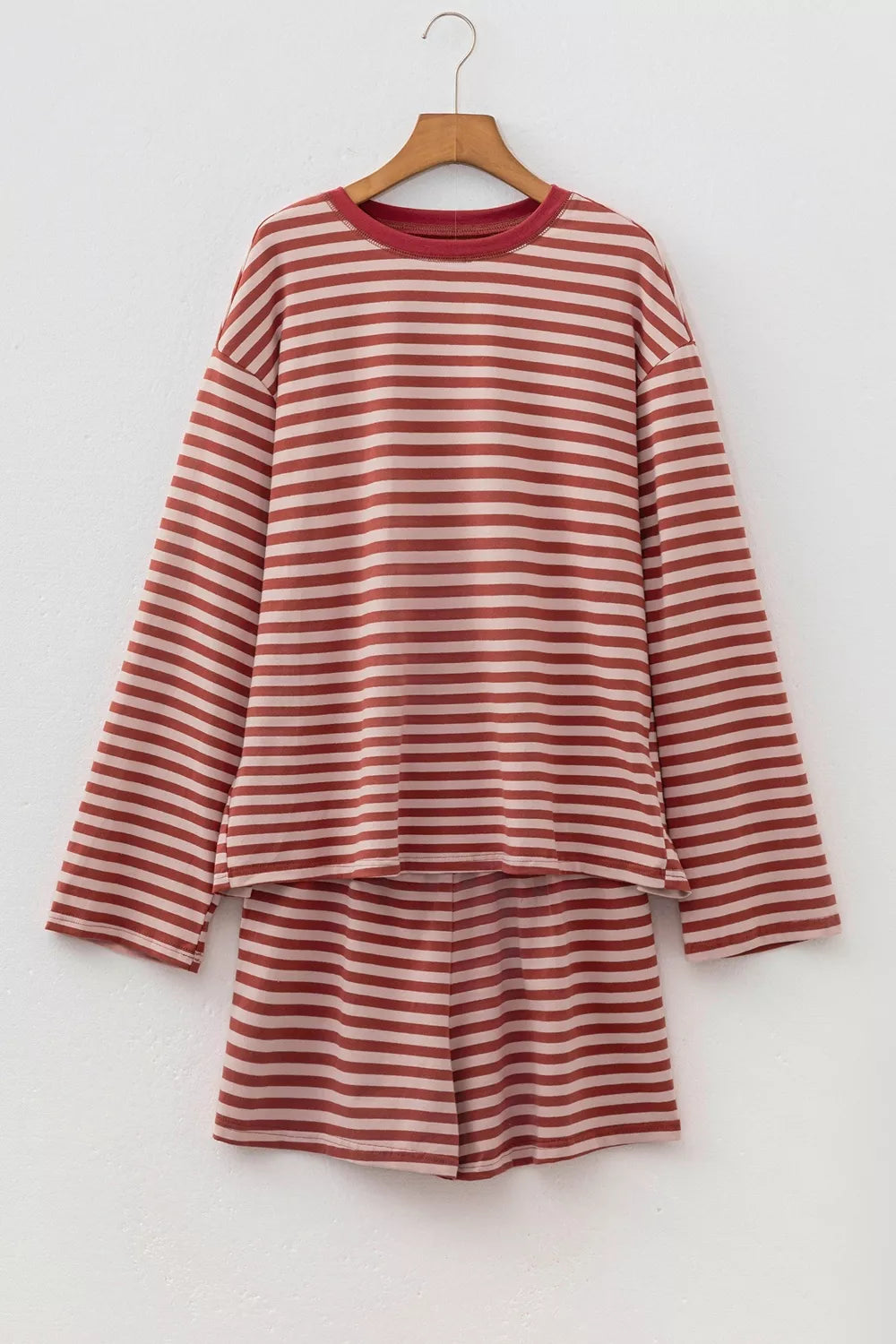 Stripe Relaxed Long Sleeve Top Contrast Elastic Waistband Short Set