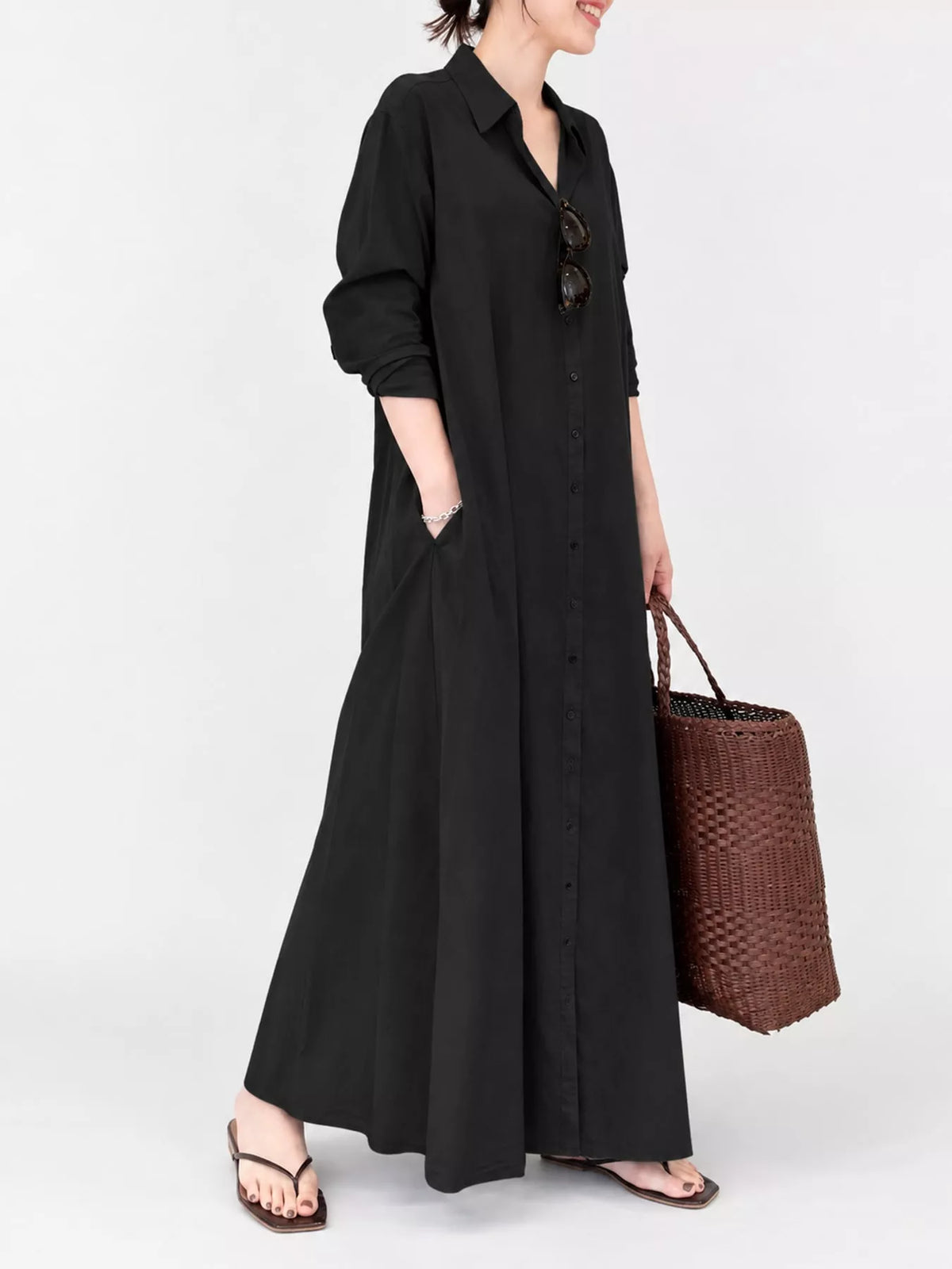 Full Size Button Front Long Sleeve Maxi Shirt Dress Plus Size
