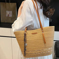 Woven Straw Tote Handbag with Leather Straps