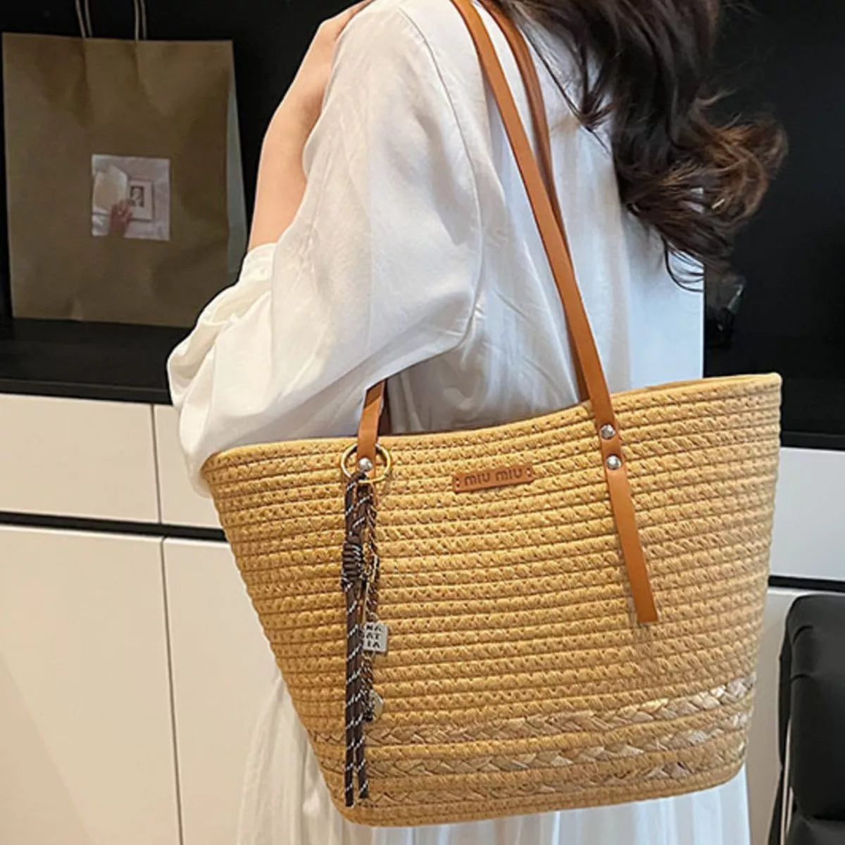 Woven Straw Tote Handbag with Leather Straps