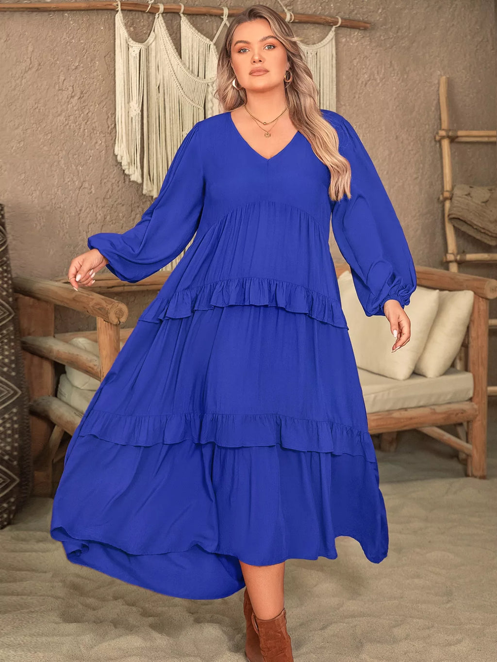 Balloon Sleeve Ruffle Tiered Flowy Dress