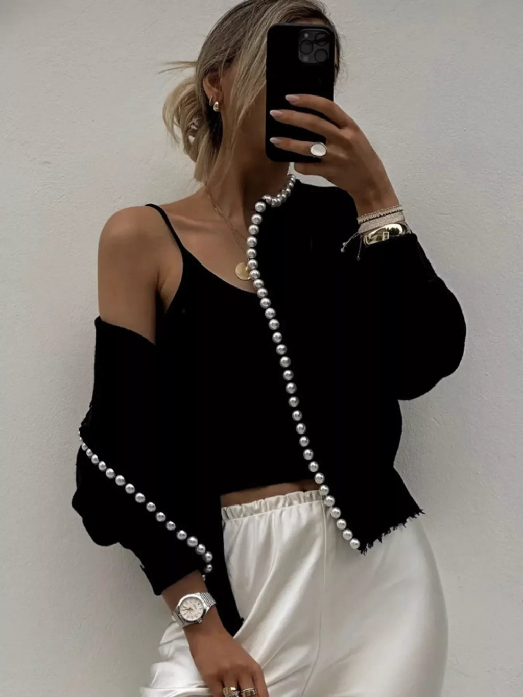 Pearl Trimmed Open Front Cardigan