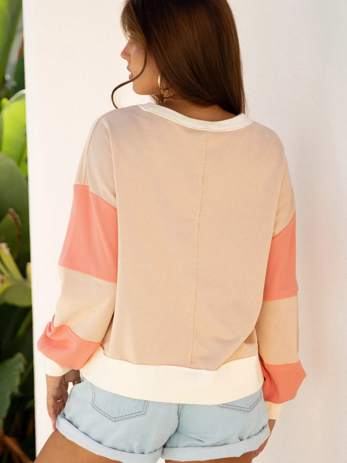 Color Block Textured Patchwork Pullover Sweatshirt