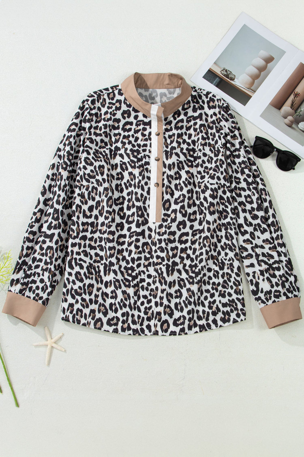 Plus Size Leopard Contrast Trim Half Button Top
