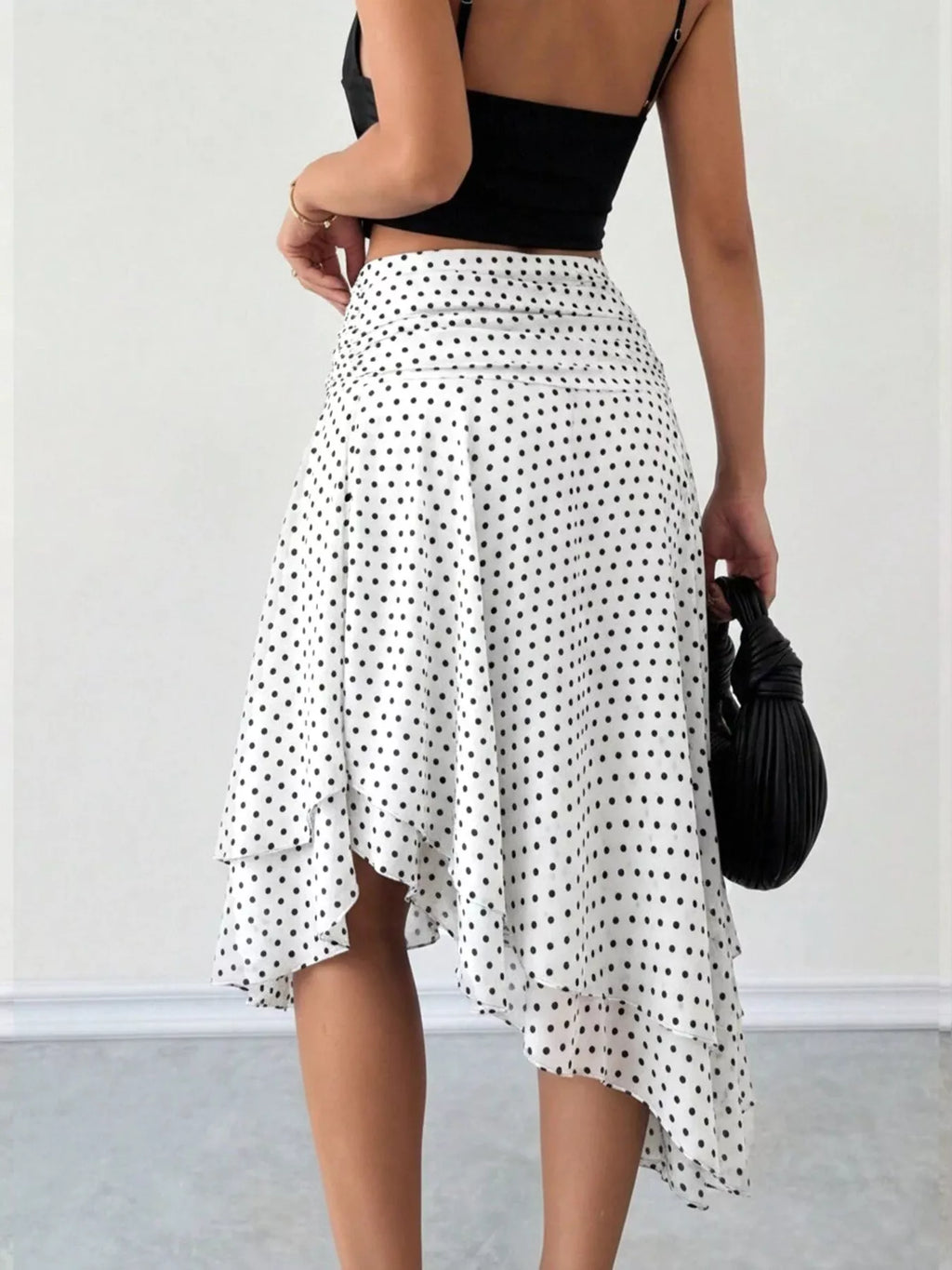 Polka Dot Asymmetrical Hem Midi Skirt