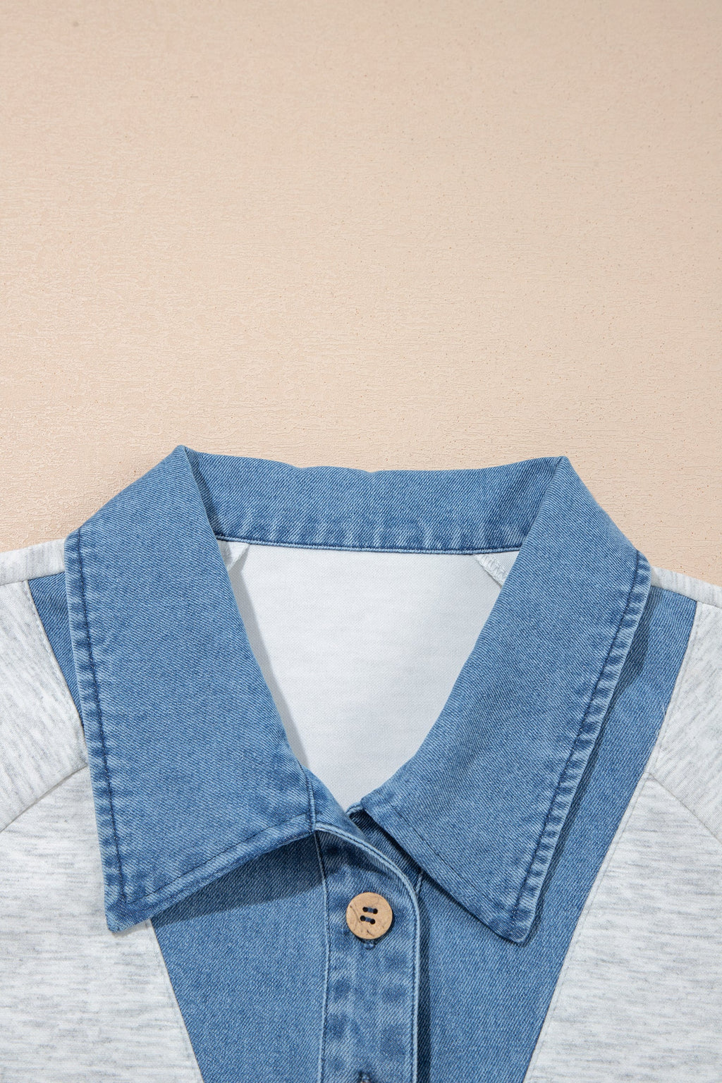 Light Grey Denim Contrast Collar Cuffed Short Sleeve Top
