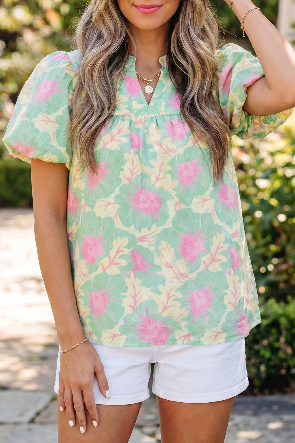 Green Short Bubble Sleeve Summer Floral Blouse