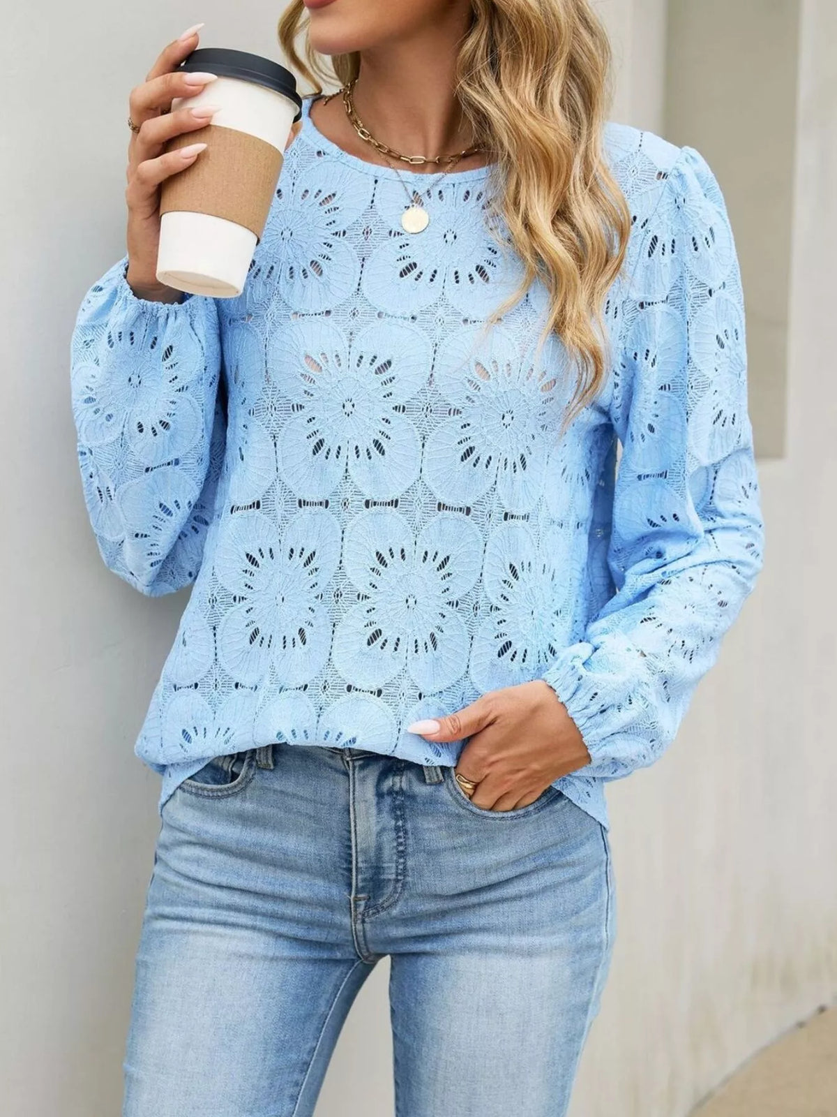 Floral Eyelet Lace Long Sleeve Blouse