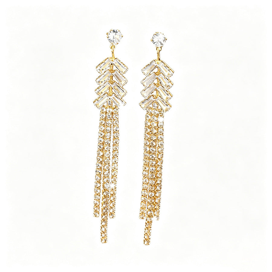 Shiny Rhinestone Tassel Wheat Shape Long Drop Earrings, Geometric Dangle Earrings Elegant Bridal Jewelry For Wedding Banquet Party
