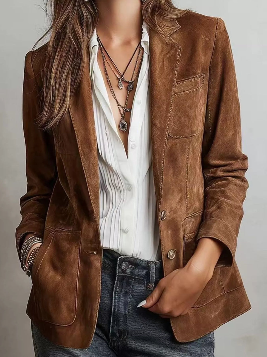 Full Size Lapel Collar Button Up Blazer Plus Size