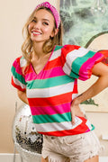 Multi-Stripe Puff Sleeve V-Neck Top