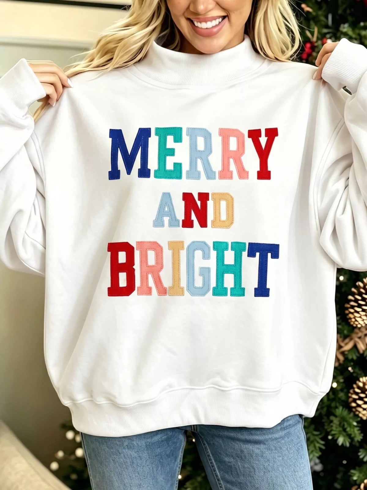 MERRY AND BRIGHT Stitched Letter Pattern Mock Neck Sweatshirt