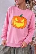 Pink Embroidered Pumpkin Face Long Sleeve Round Neck Sweatshirt