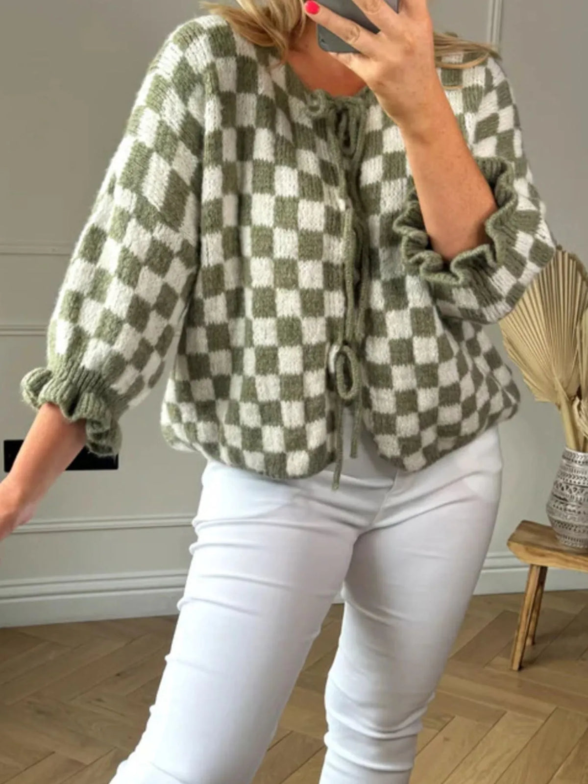 Checkered Tie-Front Knit Cardigan