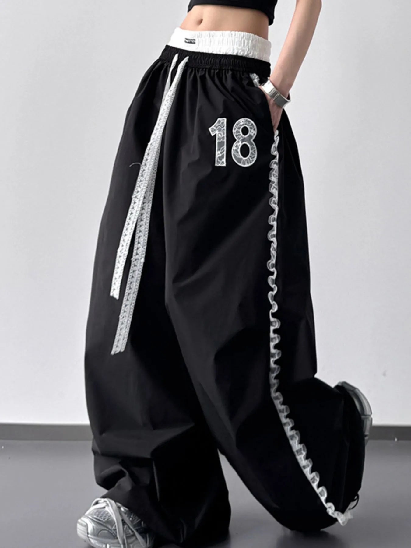 Lace Detail Drawstring Wide Leg Pants