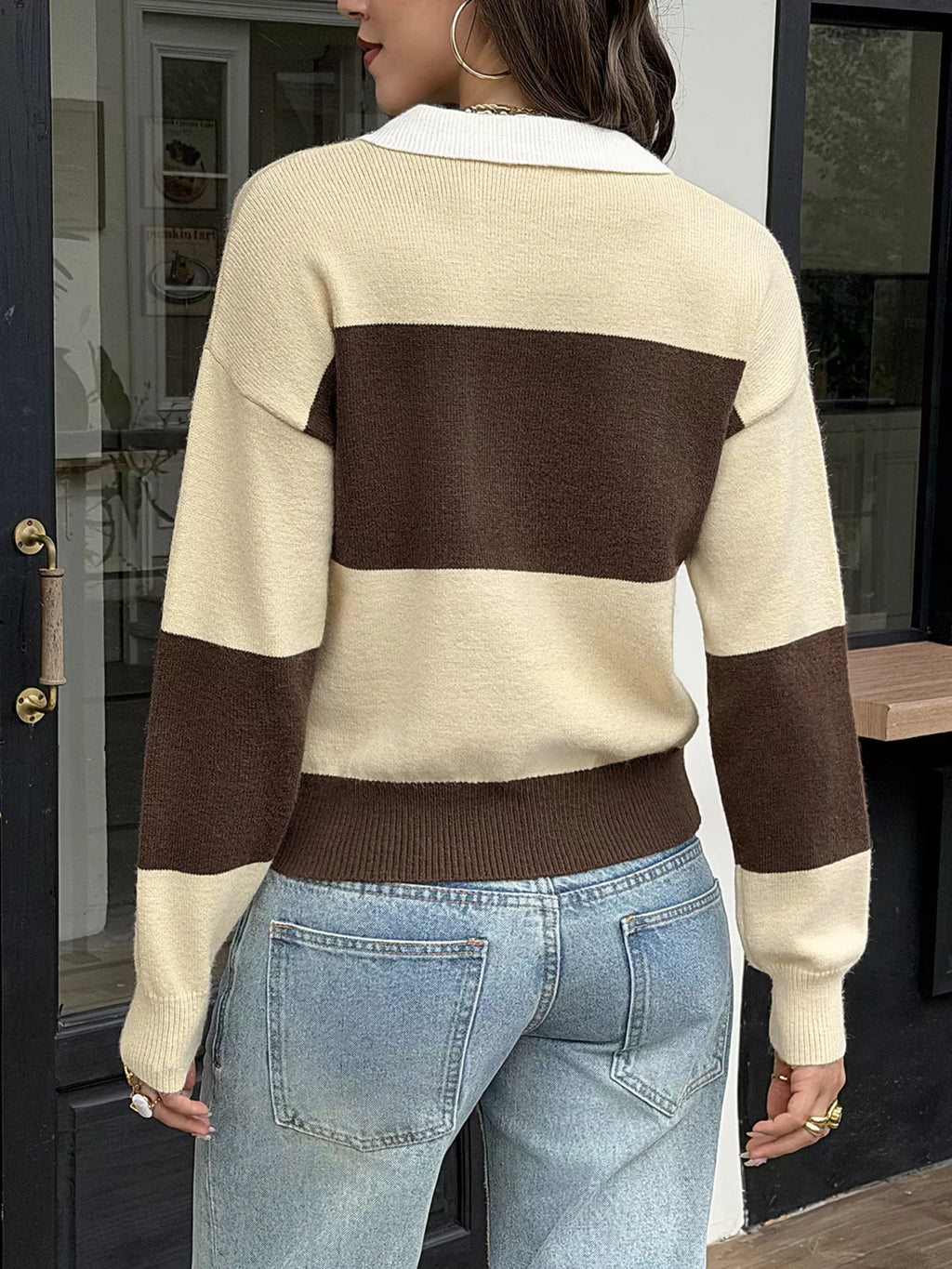 Color Block Polo Collar Knit Sweater