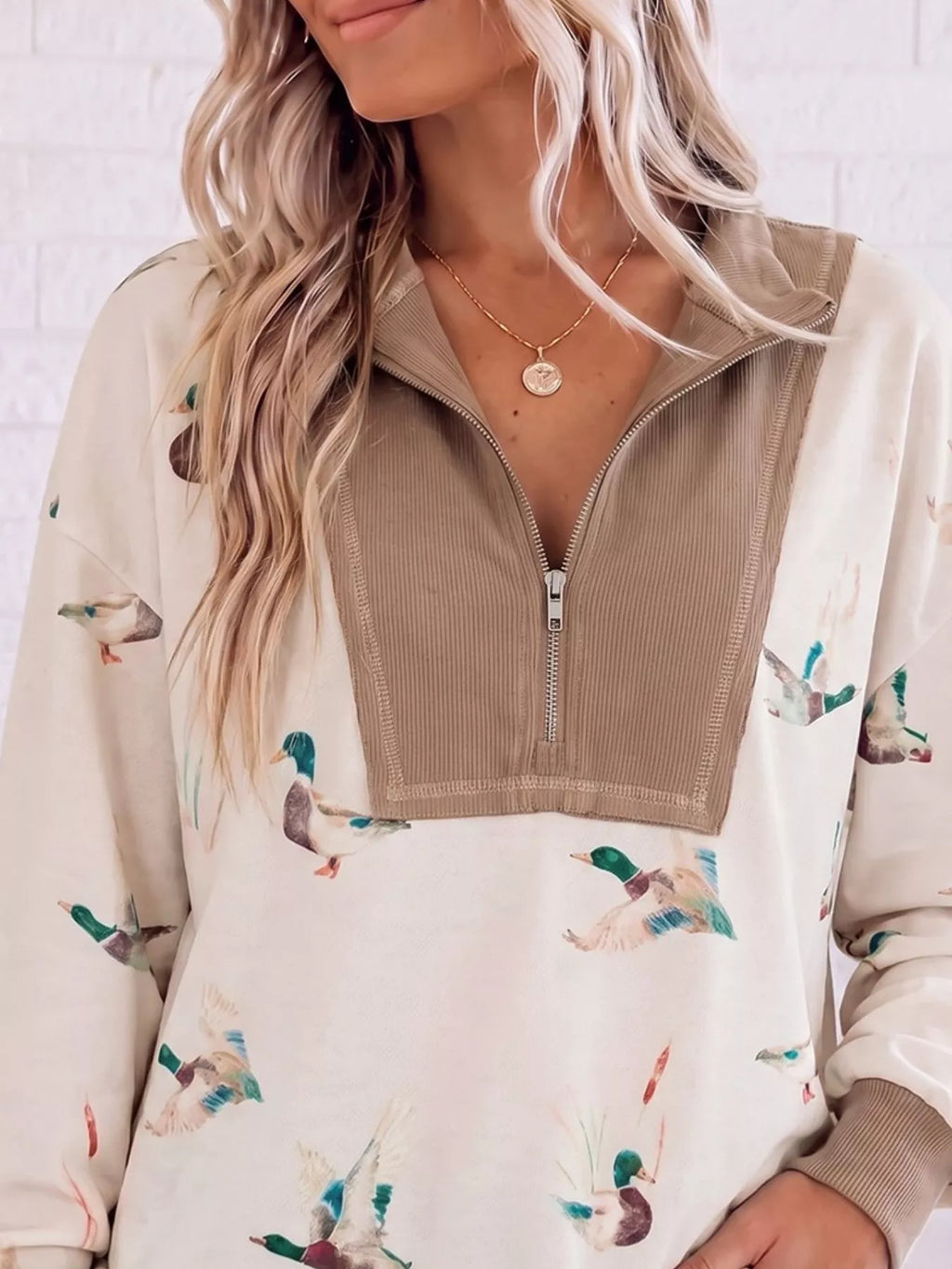 Quarter-Zip Duck Print Casual Sweatshirt
