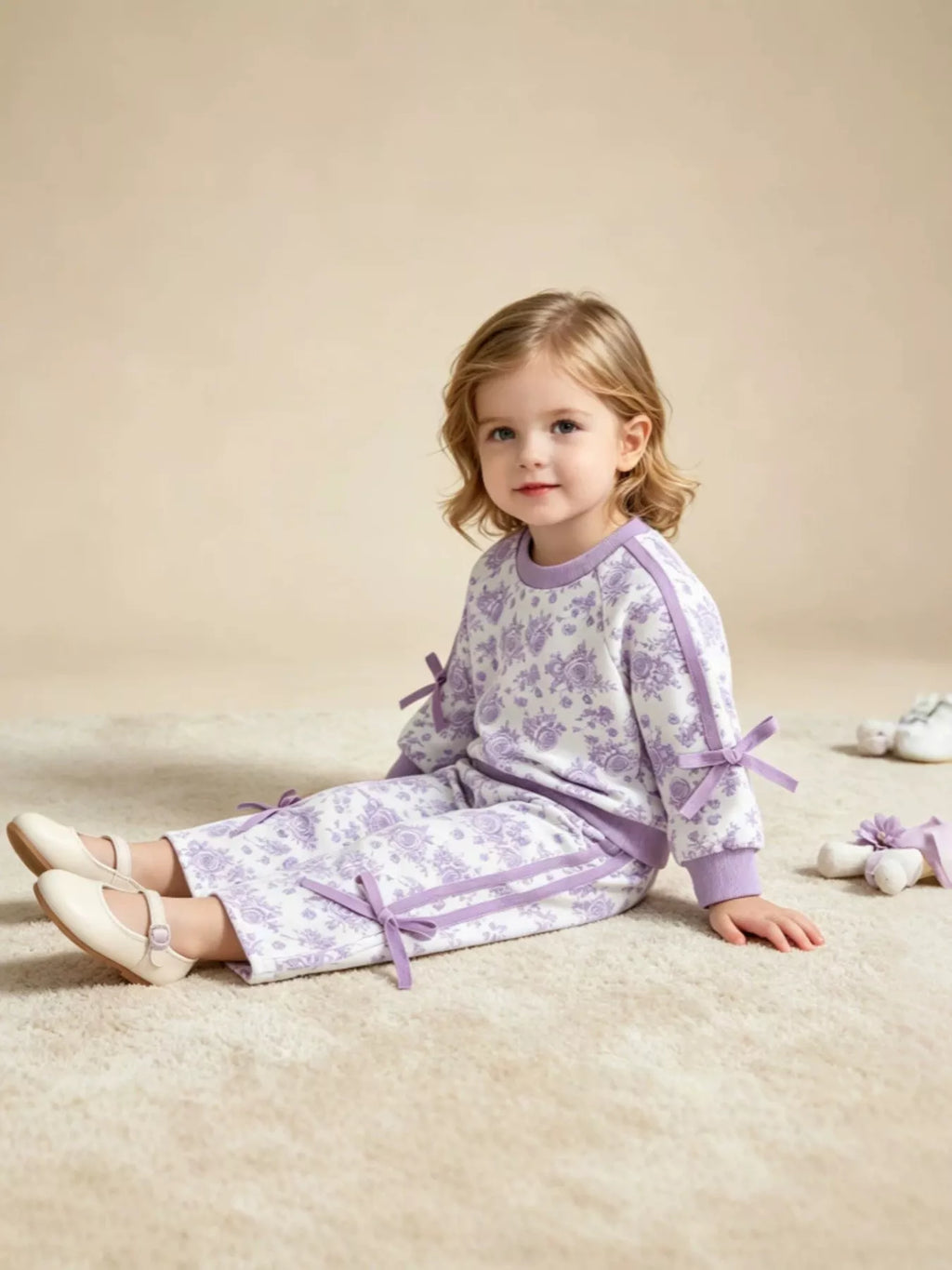 Children's Floral Print Round Neck Top and Pants Two-Piece Lounge Set