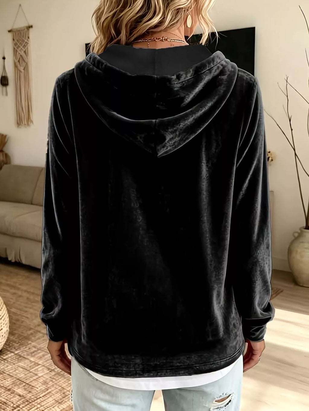 Full Size Drawstring Velvet Long Sleeve Hoodie Plus Size