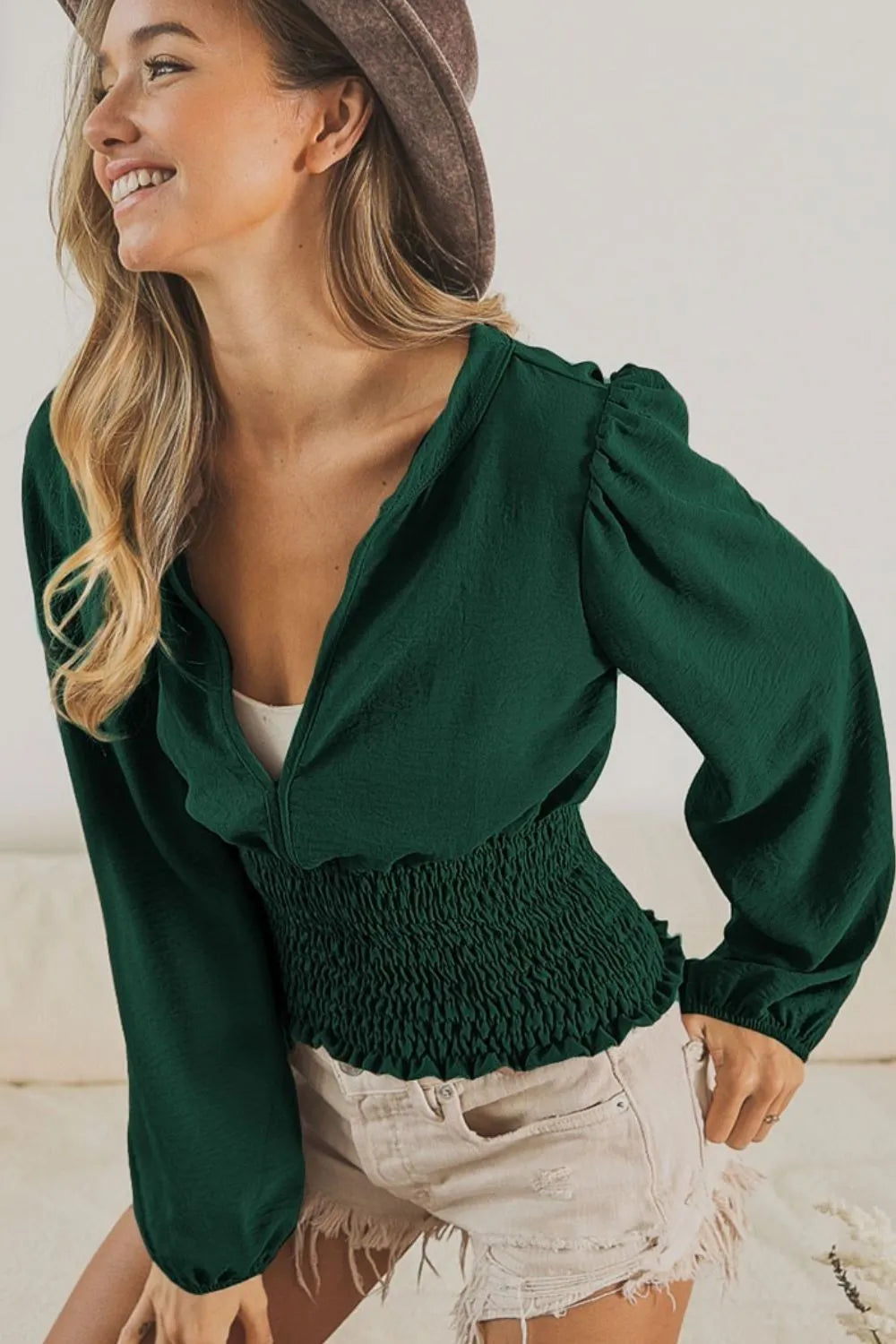 Deep V-Neck Long Sleeve Top with Smocked Waist and Puff Sleeves
