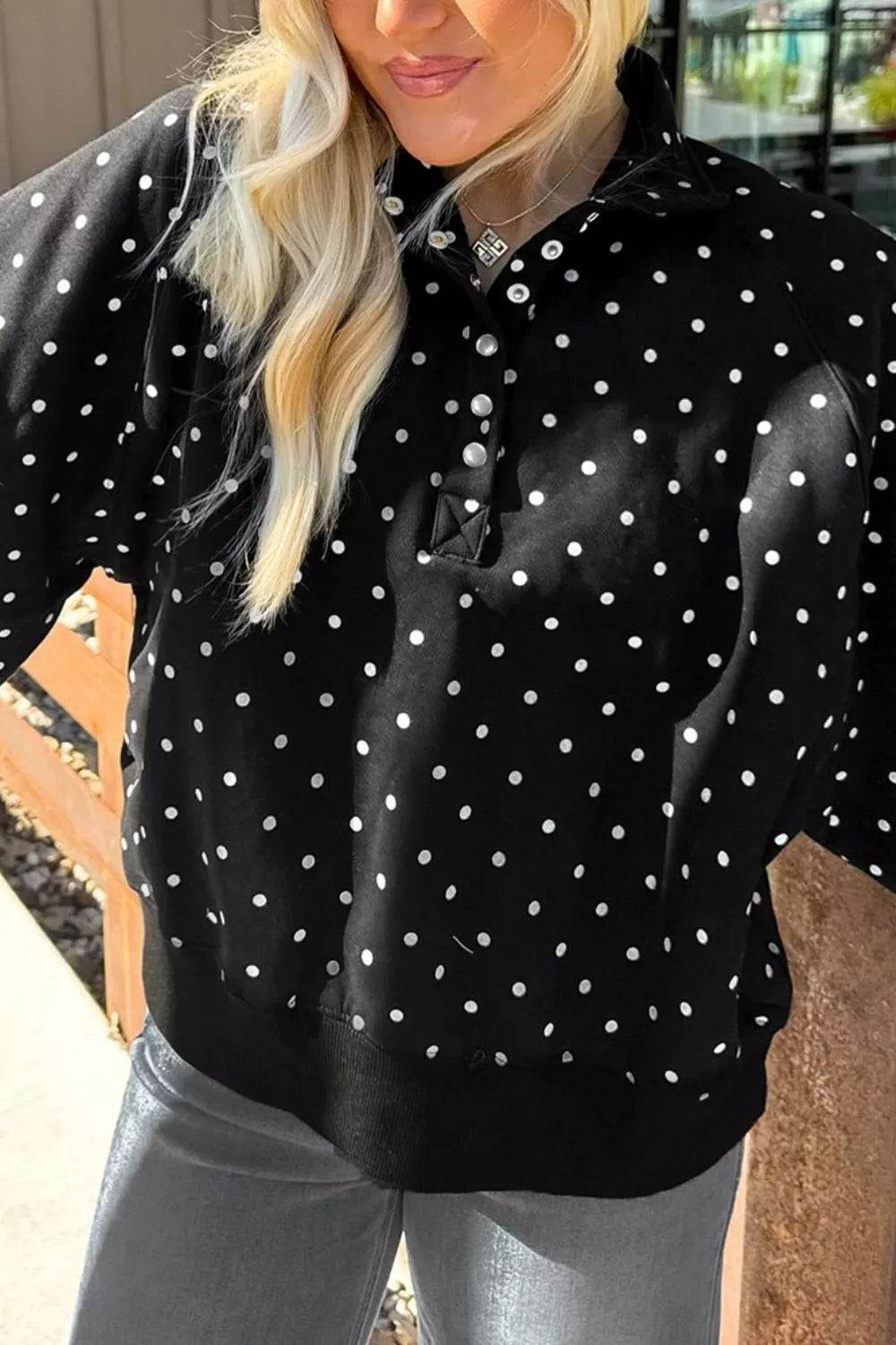 Polka Dot Snap-Button Sweatshirt