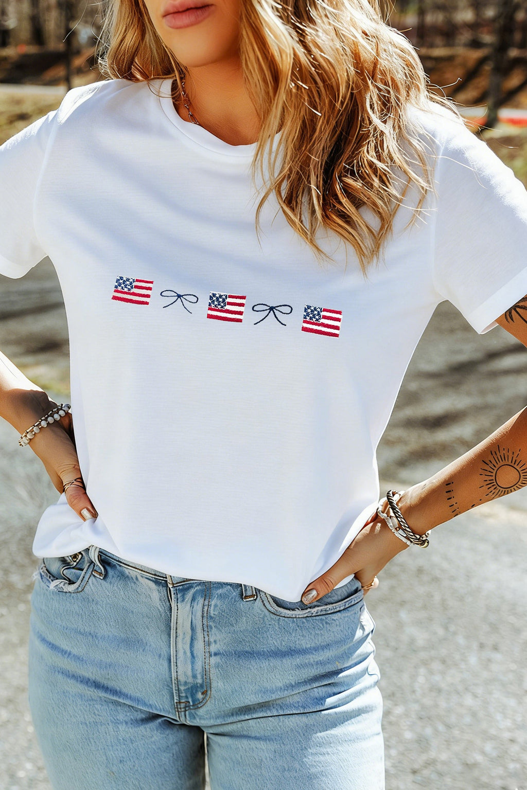White Embroidered Flag Bow Short Sleeve Casual T-Shirt