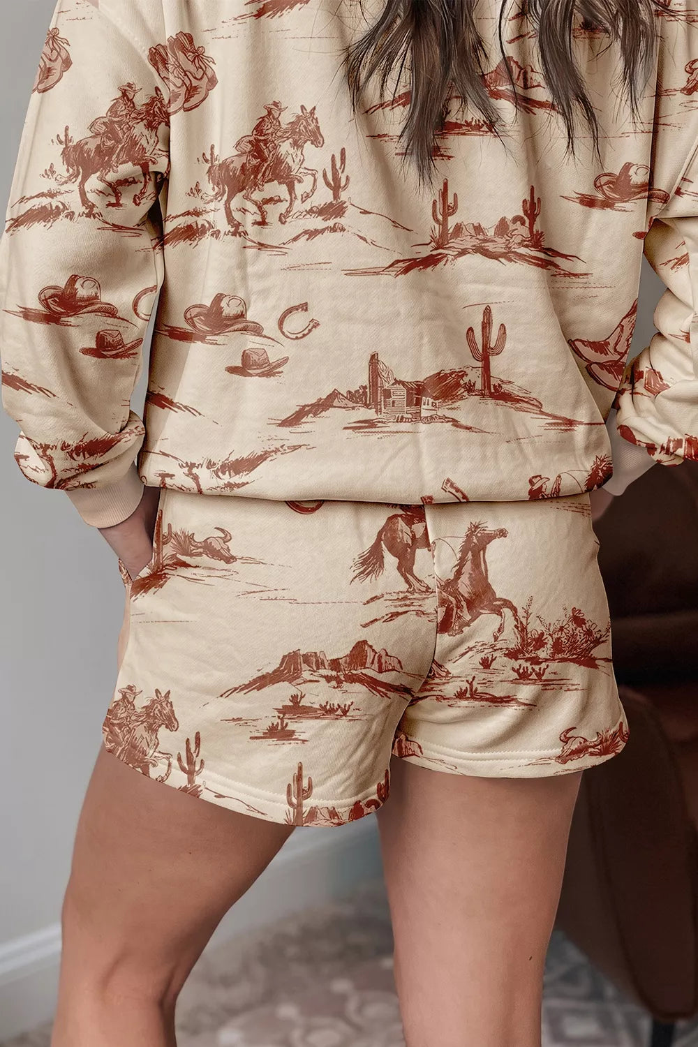 Cowboy Print Long Sleeve Sweatshirt and Shorts Set