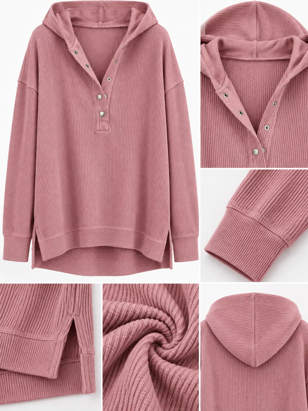 Full Size Snap Button Placket Dropped Shoulder Hoodie Plus Size