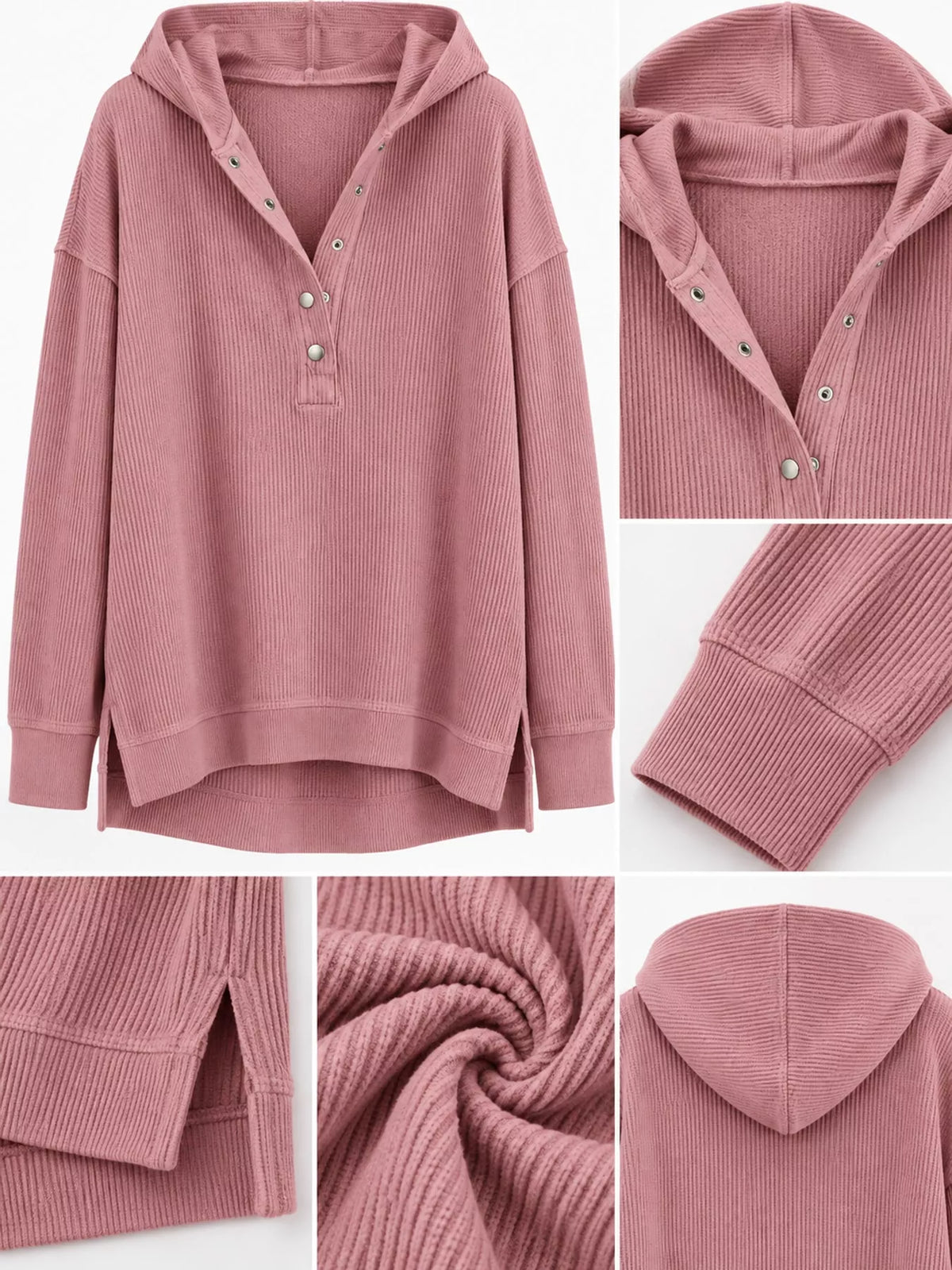 Full Size Snap Button Placket Dropped Shoulder Hoodie Plus Size