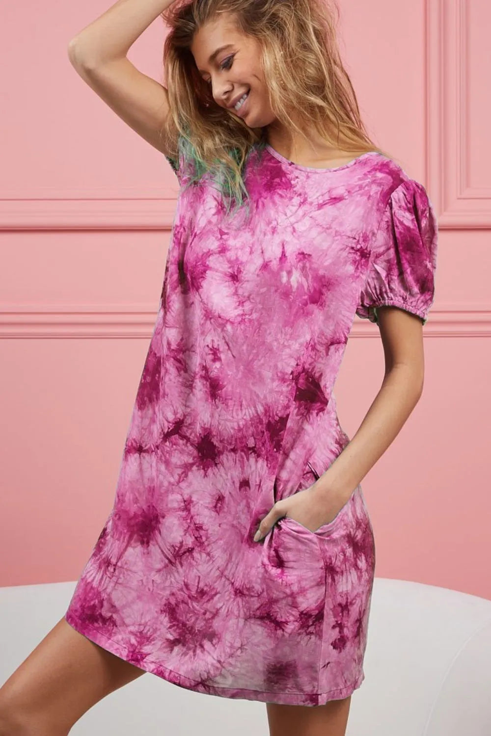 Puff Sleeve Tie Dye T-Shirt Dress with Pockets