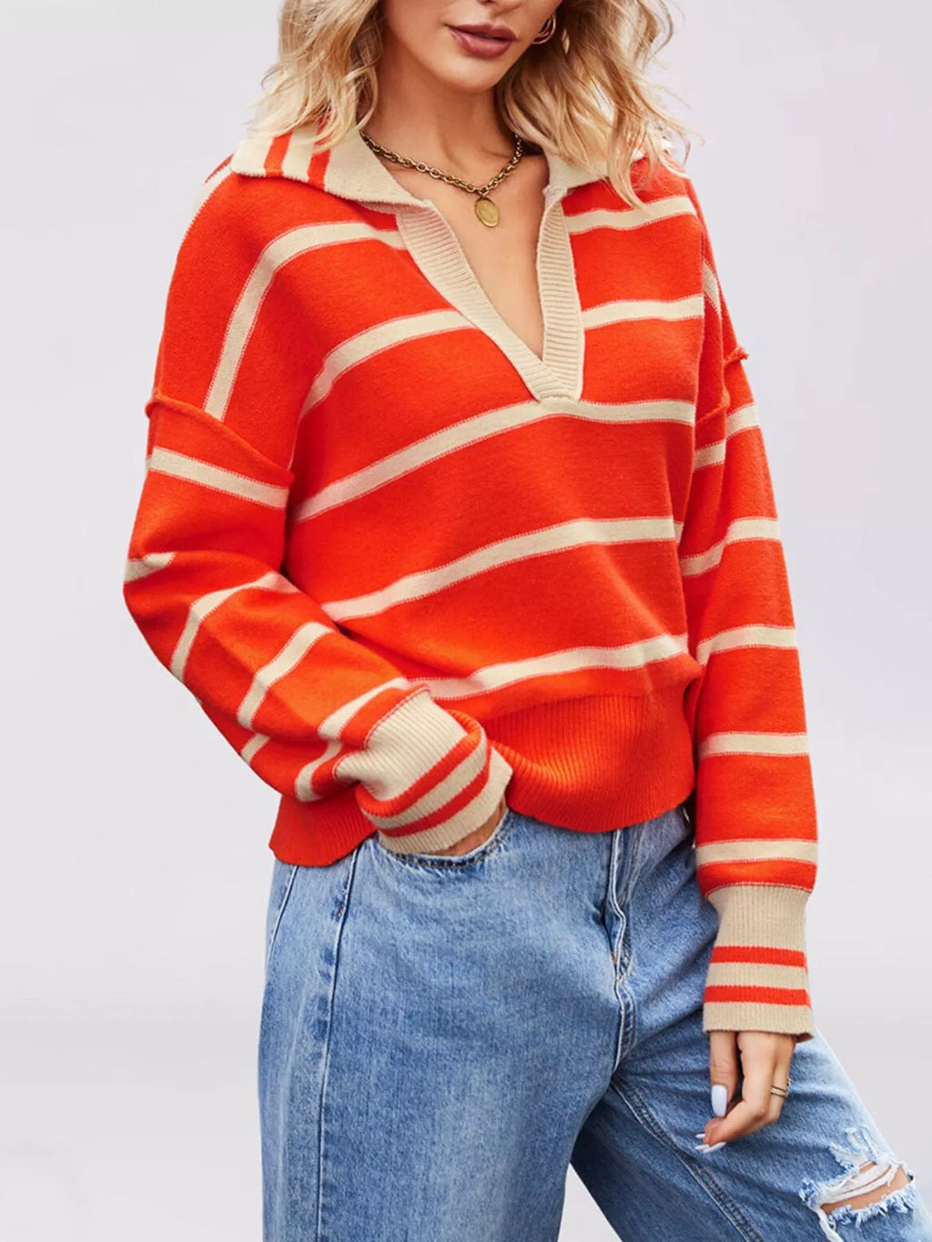 Striped Johnny Collar Dropped Shoulder Sweater