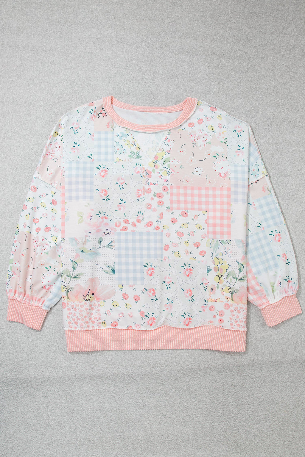 Pink Patchwork Floral Print Long Sleeve Tunic Plus Size Blouse