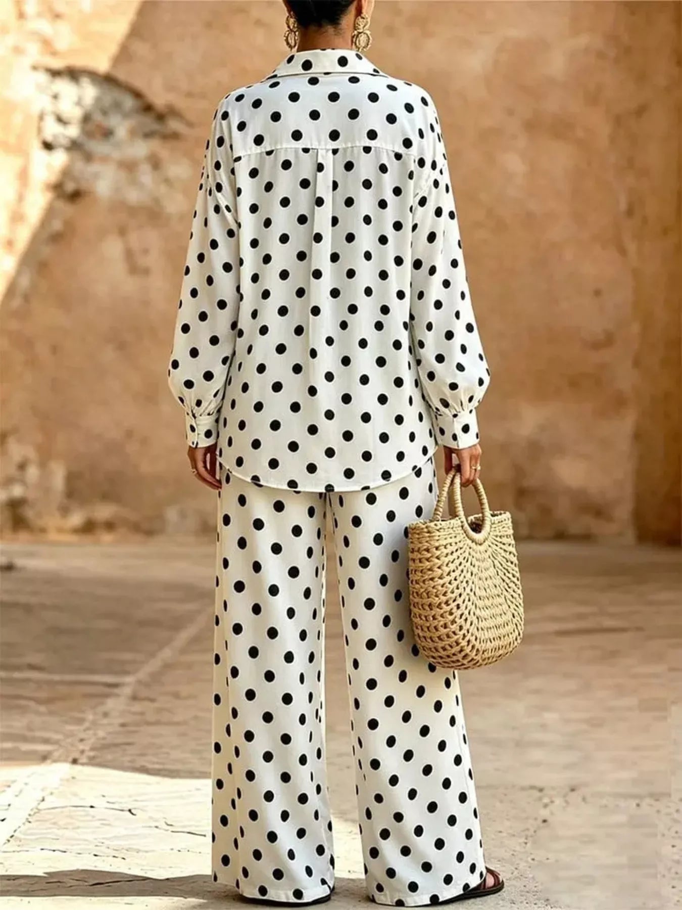 Full Size Polka Dot Shirt and Wide-Leg Pants Set Plus Size