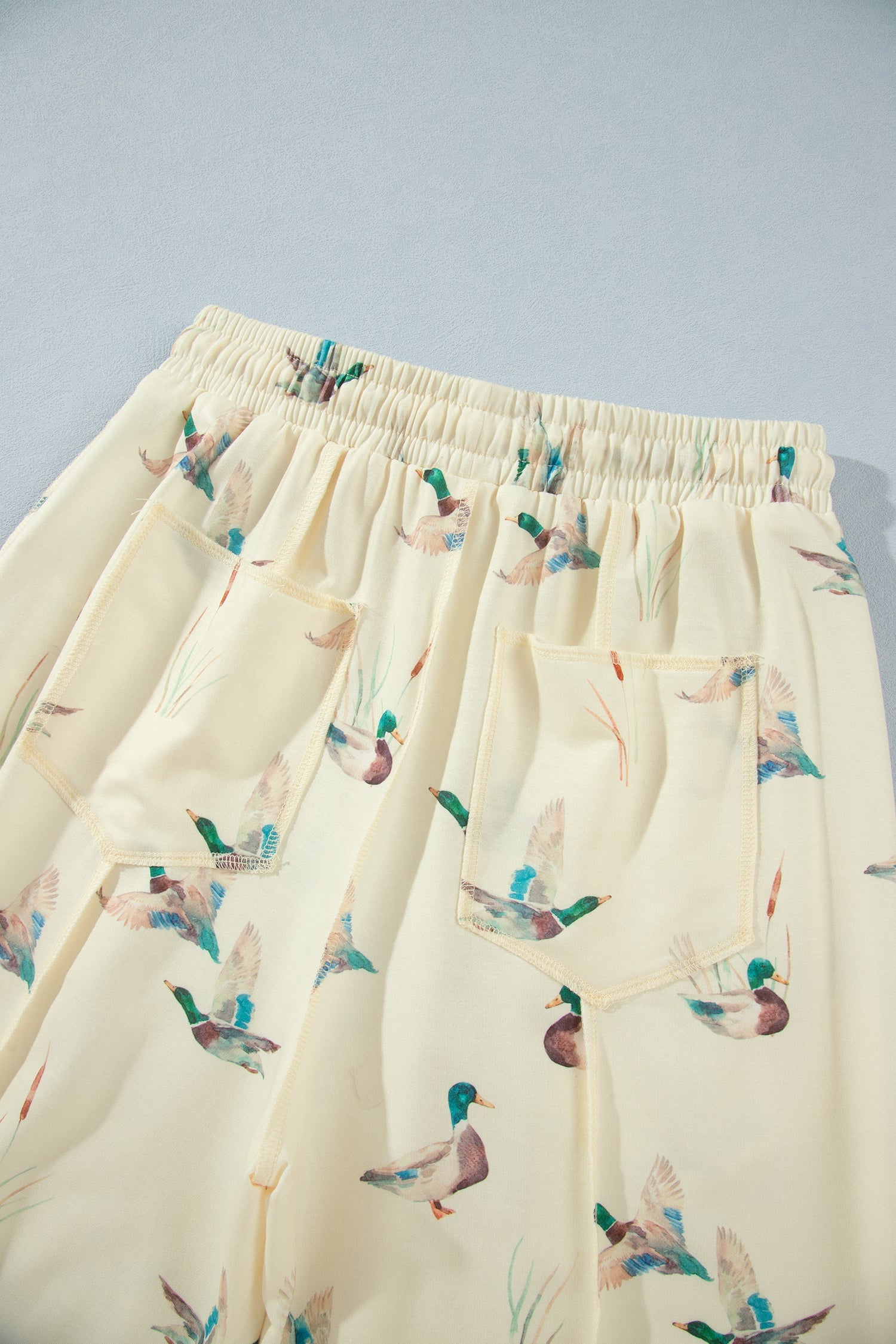 Beige Duck Print Short Sleeve Top Pocket Pants 2pcs Casual Set