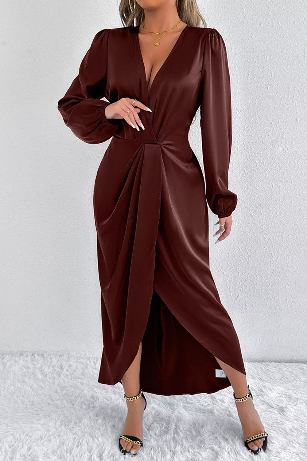 Satin Balloon Sleeve Midi Dress