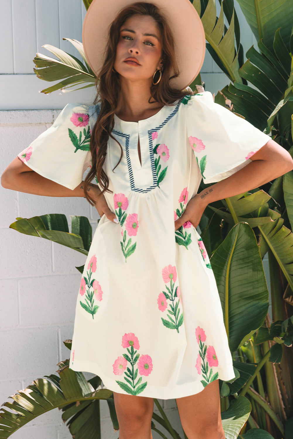 Floral Short Sleeve Split Neck Mini Dress