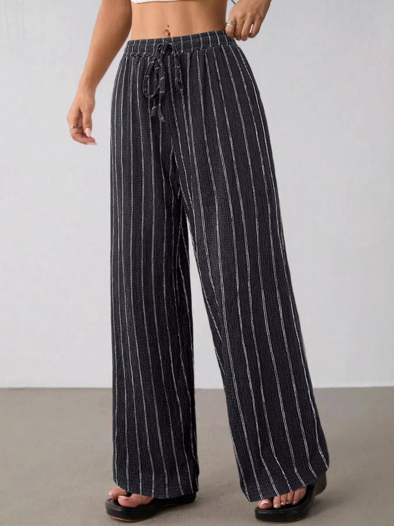 Striped Wide-Leg Drawstring Pants
