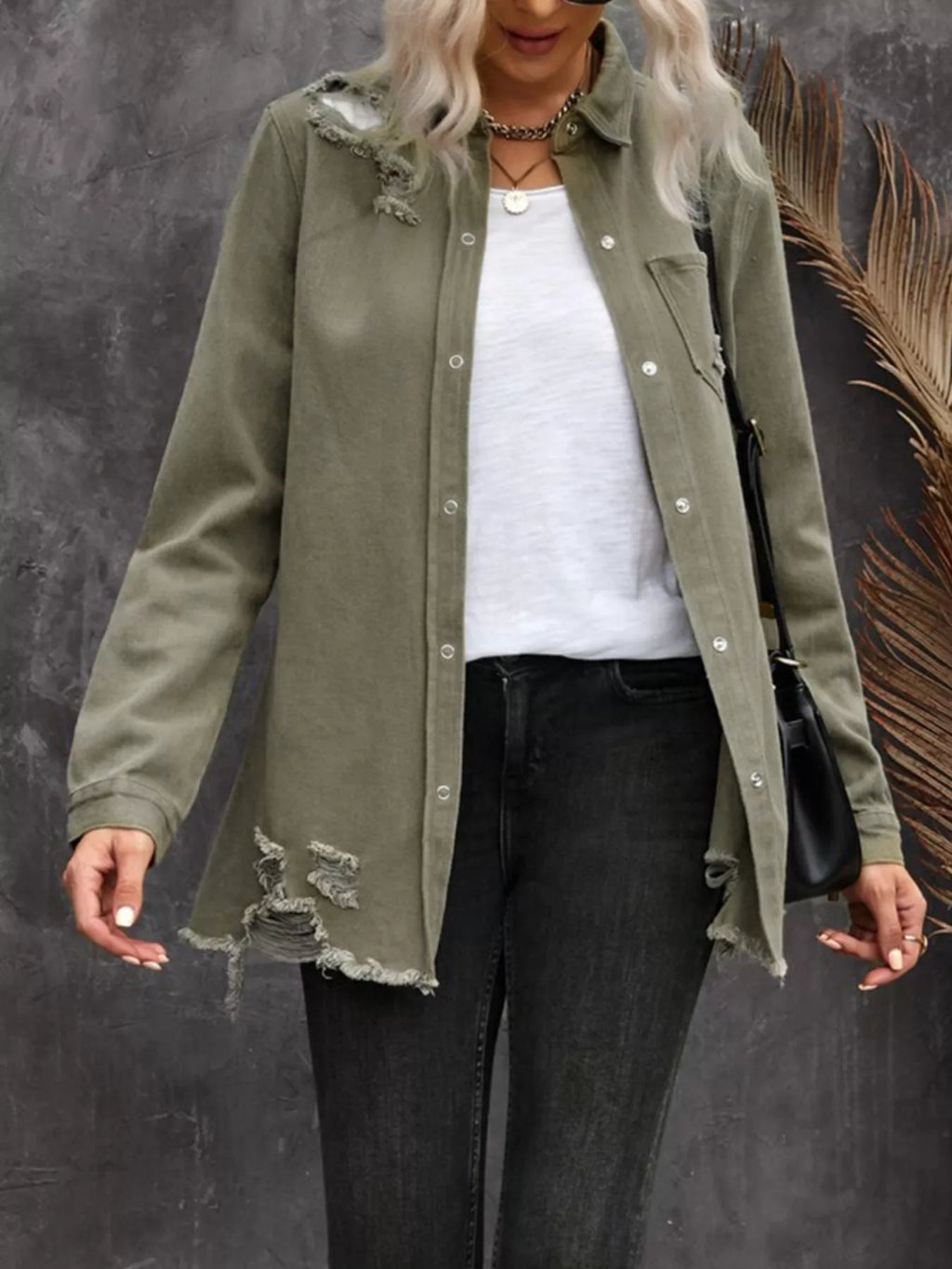 Raw Hem Distressed Denim Shirt Jacket