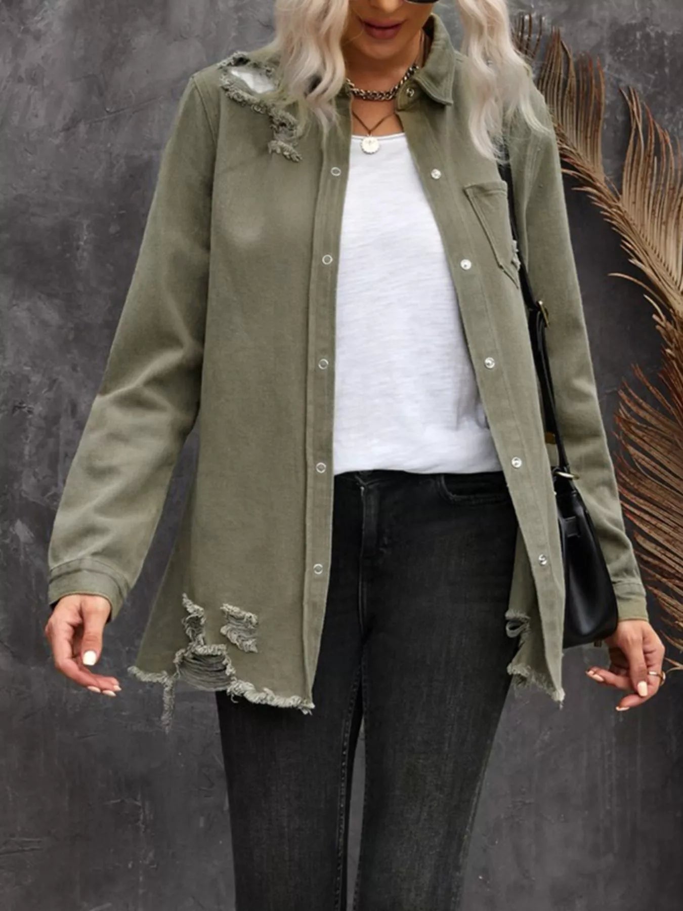 Raw Hem Distressed Denim Shirt Jacket