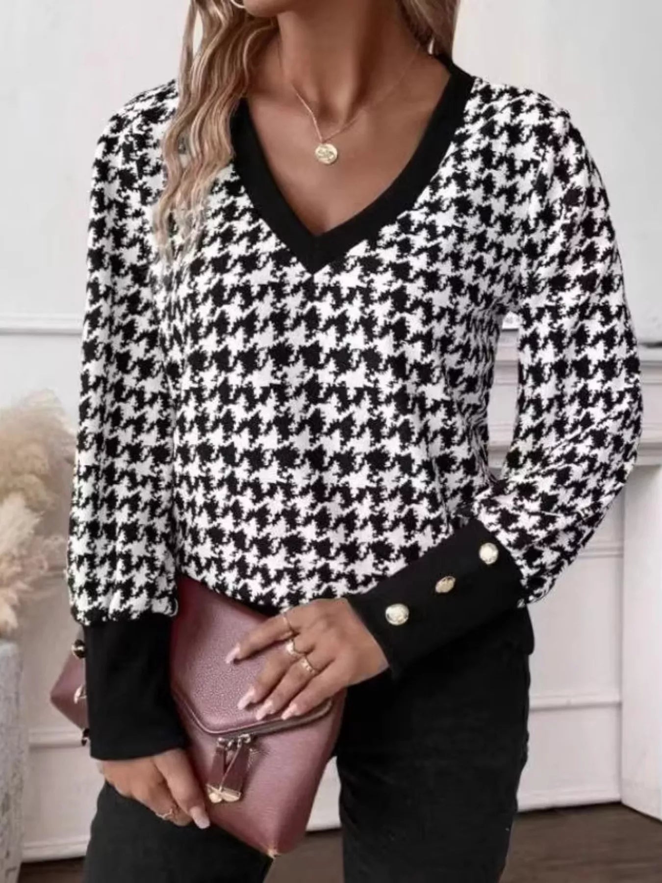 Printed V-Neck Long Sleeve T-Shirt with Button Cuffs