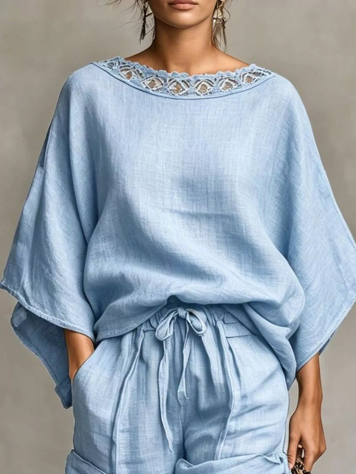 Lace Trim Top and Drawstring Shorts Set