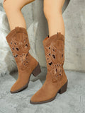 Western Cutout Pattern Block Heel Boots