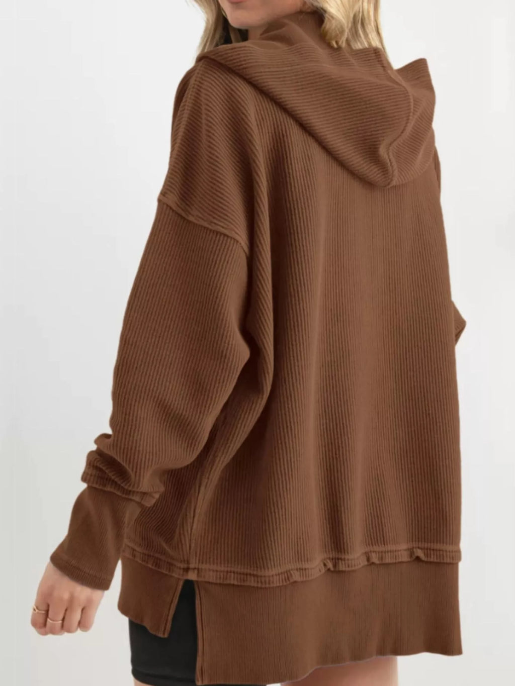 Full Size Snap Button Placket Dropped Shoulder Hoodie Plus Size