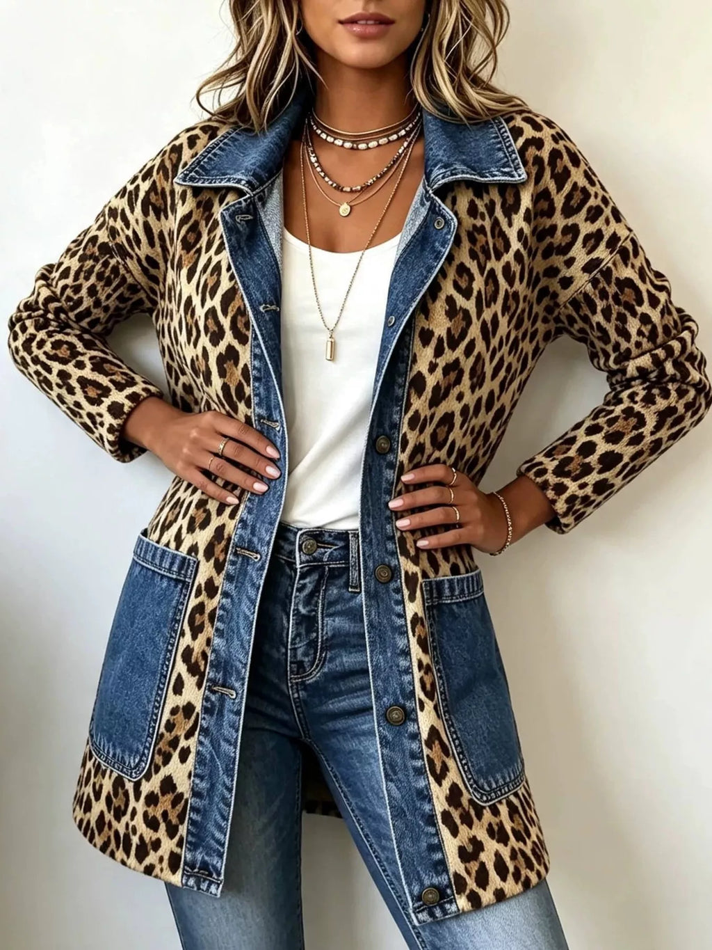 Full Size Leopard Print Colorblock Jacket Plus Size