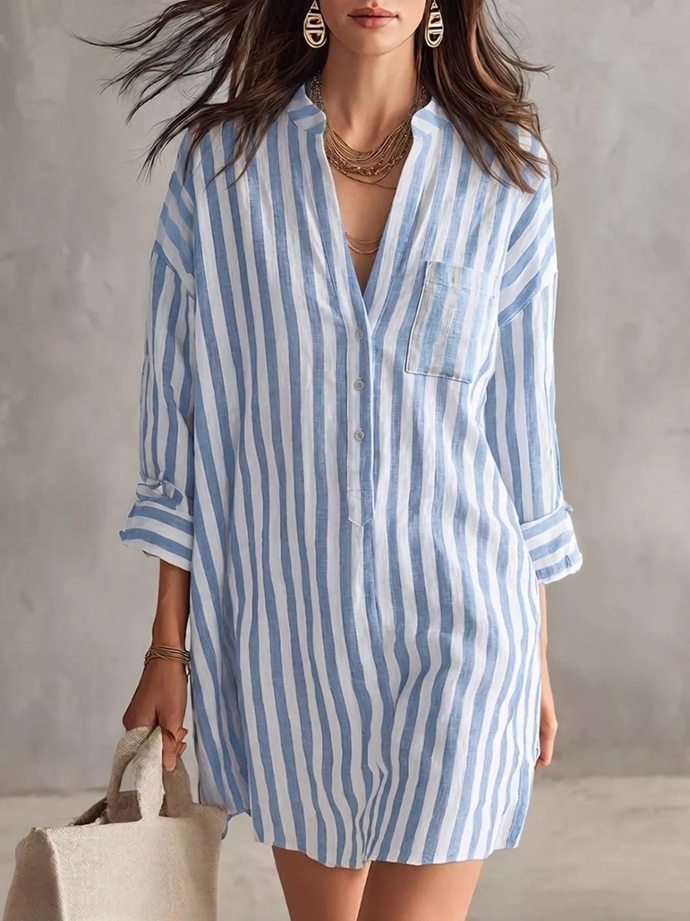 Full Size Striped Linen Shirt Mini Dress Plus Size