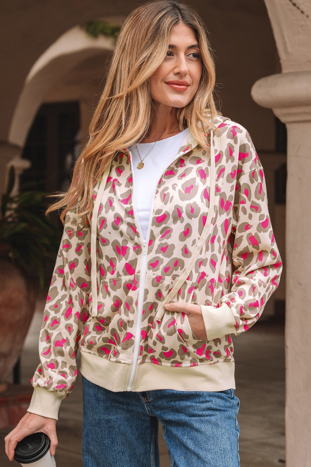 Leopard Zip-Up Hooded Sweatshirt
