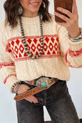 Western Print Round Neck Long Sleeve Shift Sweater