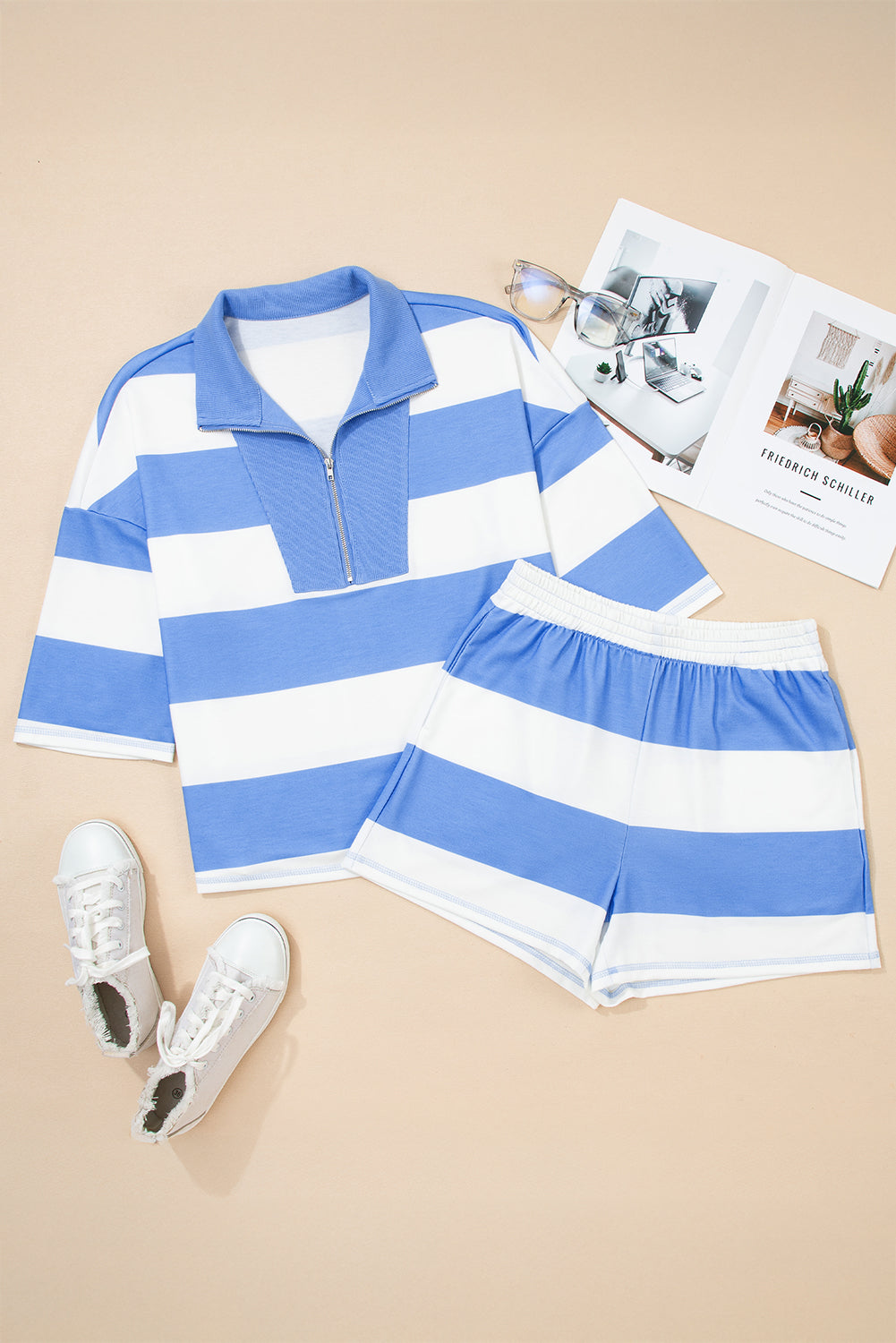 Stripe Half Zip Oversize Tee and Shorts Set